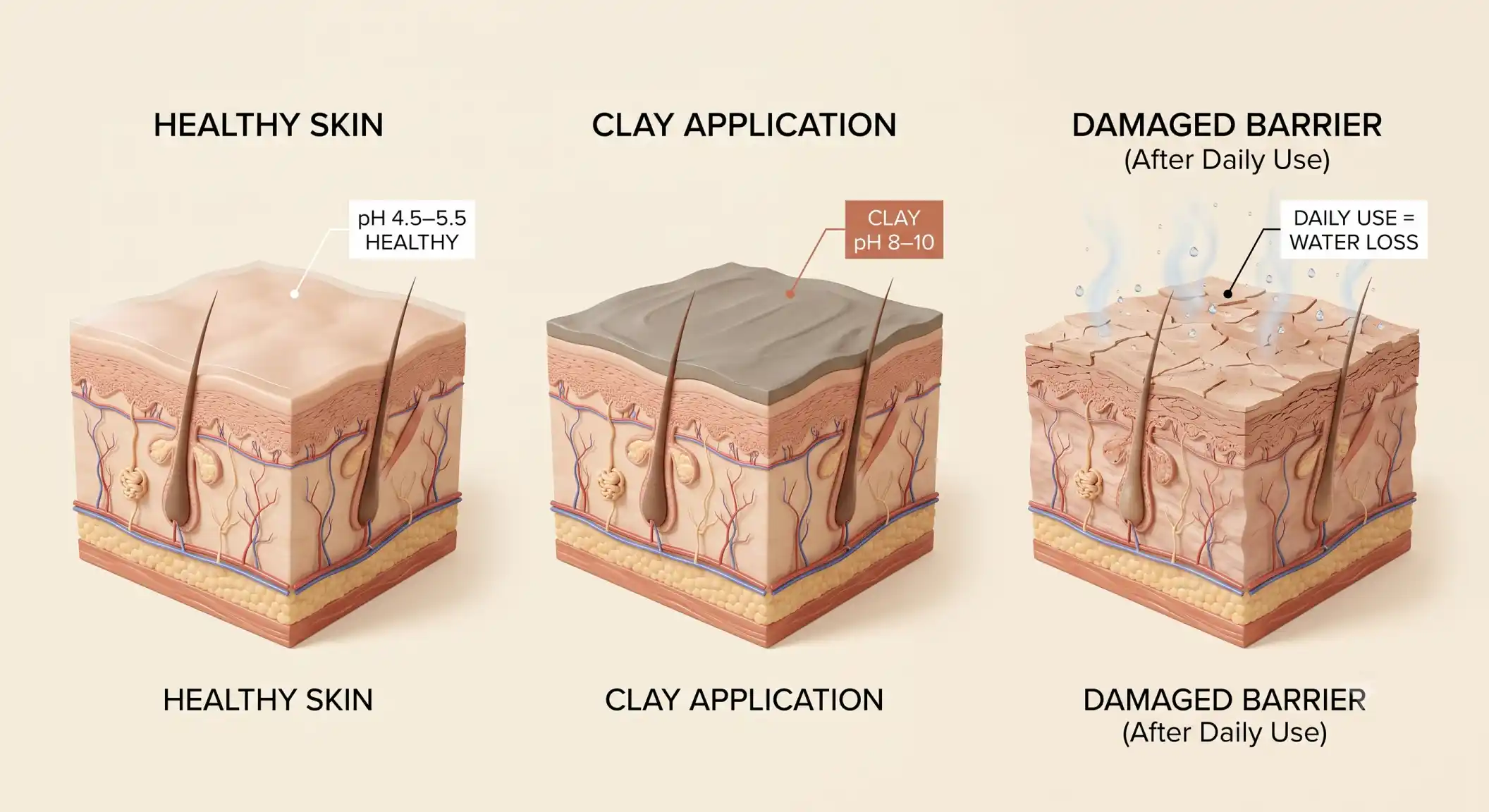 Skin cross-section render comparing healthy acid mantle against daily clay overuse water loss