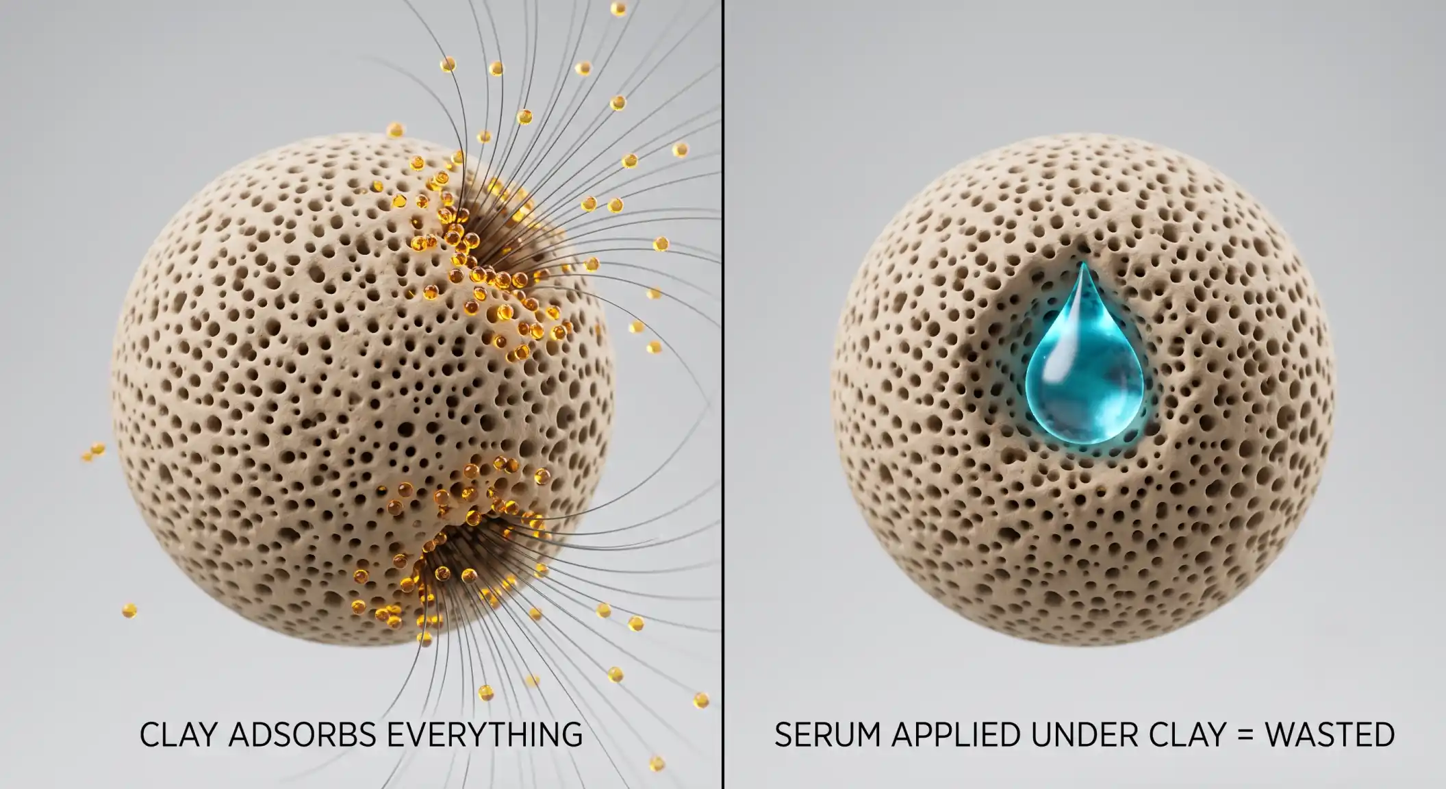 Render of porous clay particle adsorbing oil particles and trapping a serum droplet