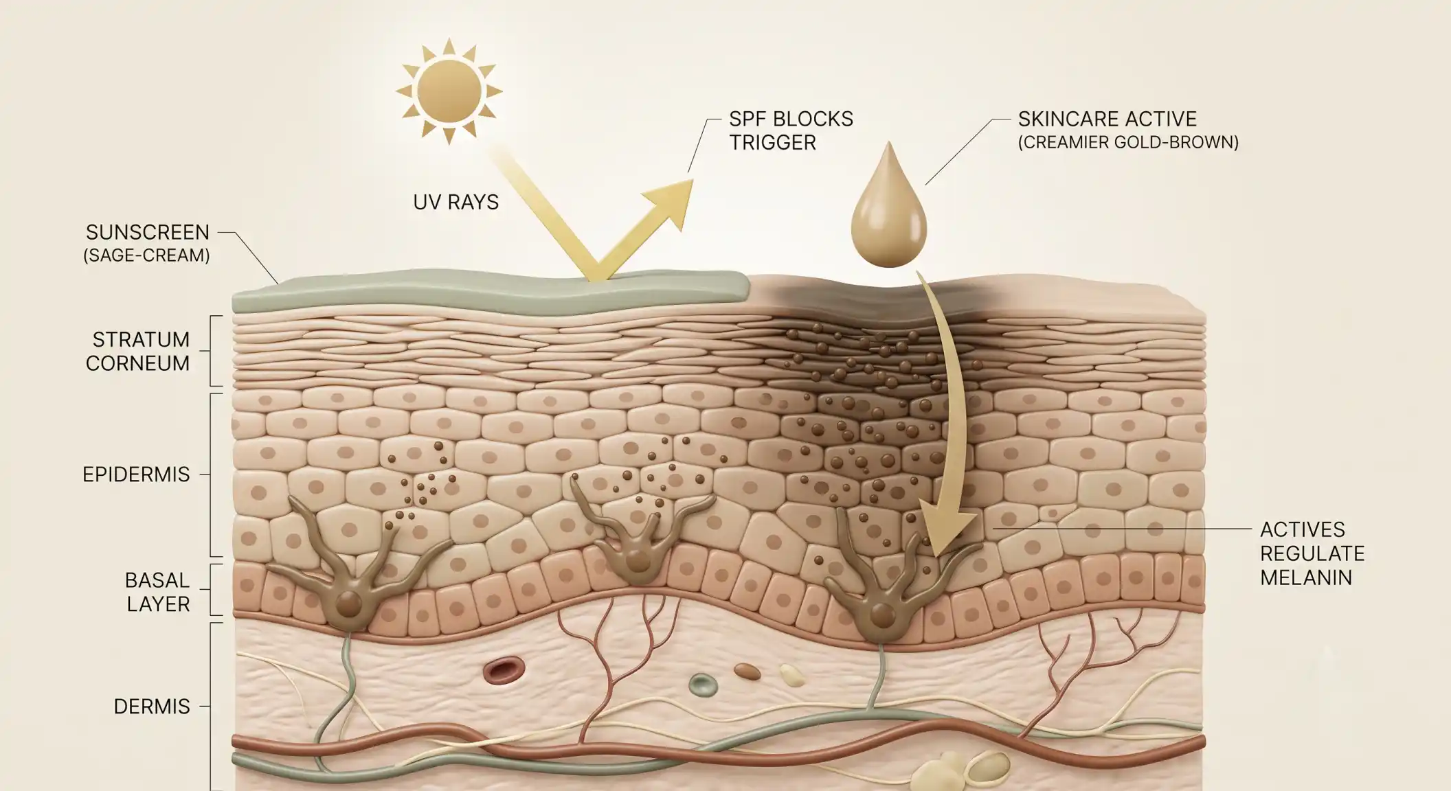 Dermatology render of melanin granules forming dark patches with sunscreen blocking UV rays