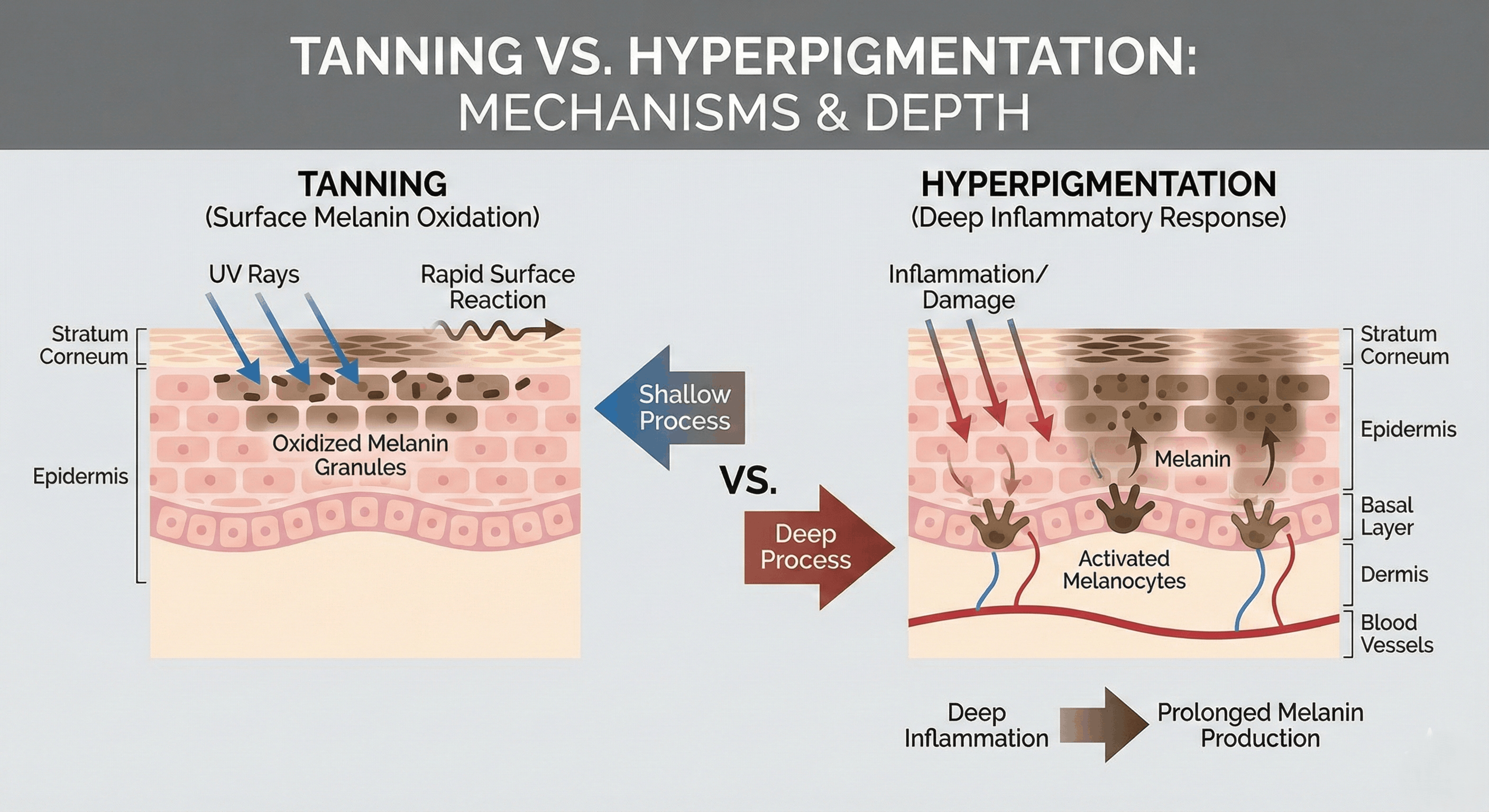 Diagram comparing skin depth of tan vs pigmentation