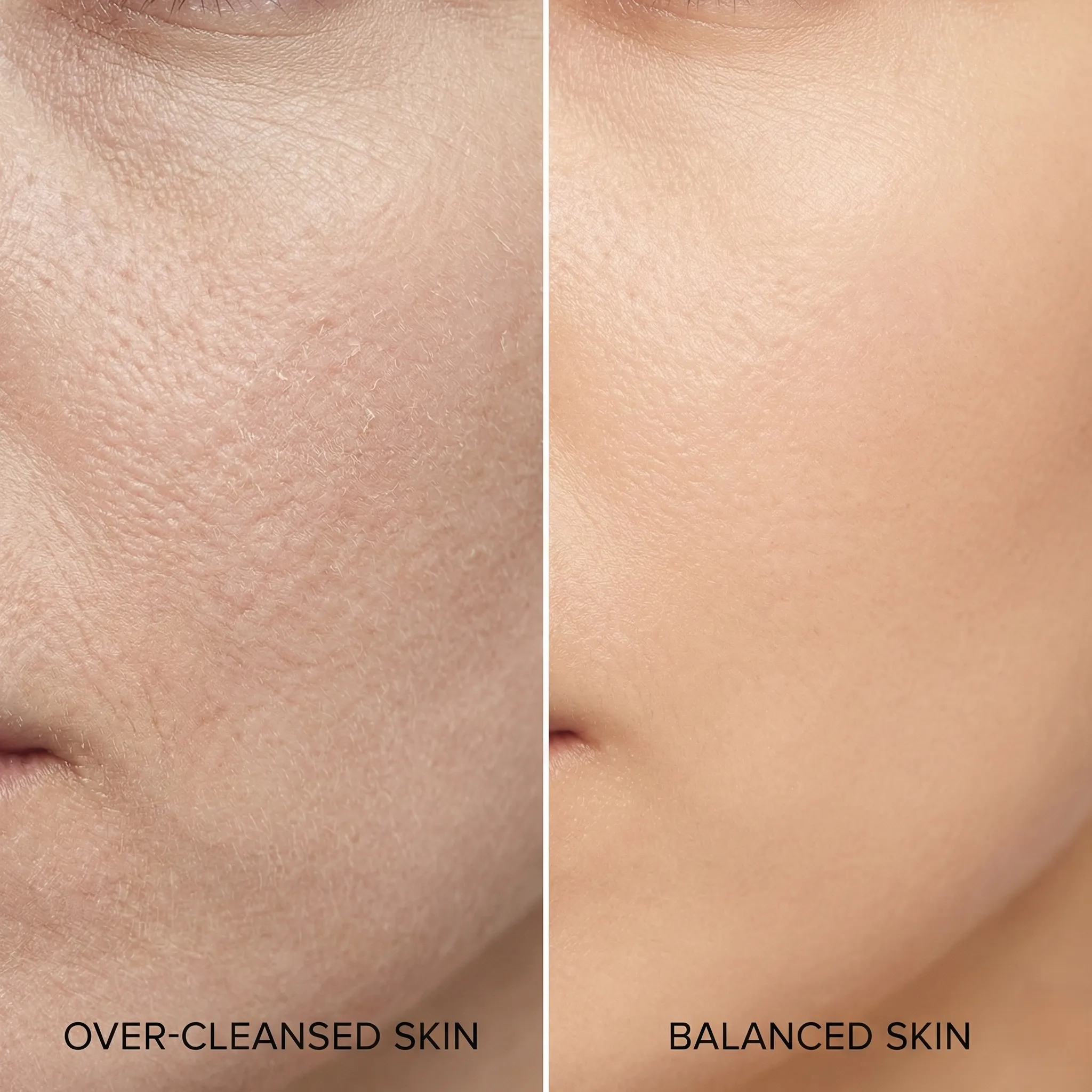 Close up comparison of damaged over-cleansed skin versus healthy balanced skin