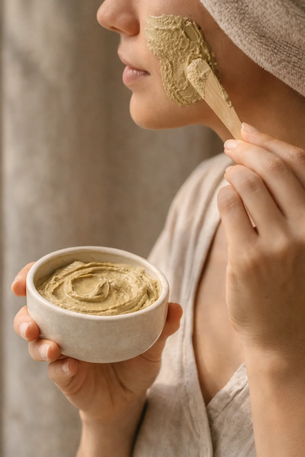 Woman applying a creamy clay mask as part of a skincare ritual