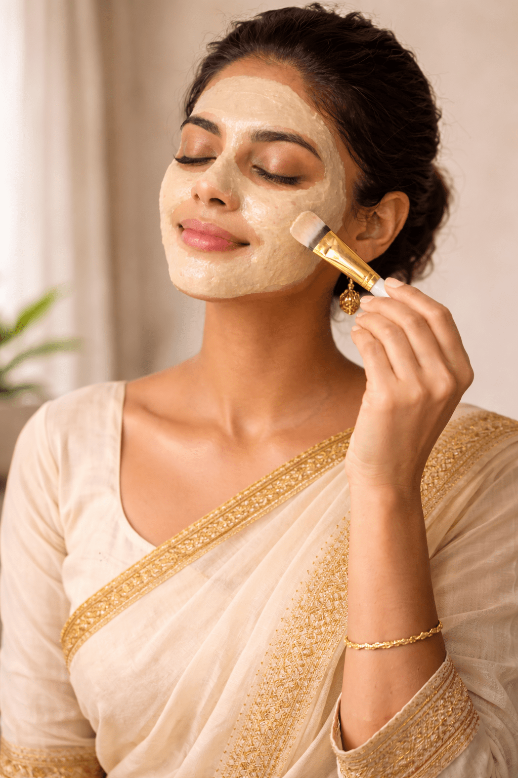 Woman applying a Multani Mitti face pack to the T-zone for oil control